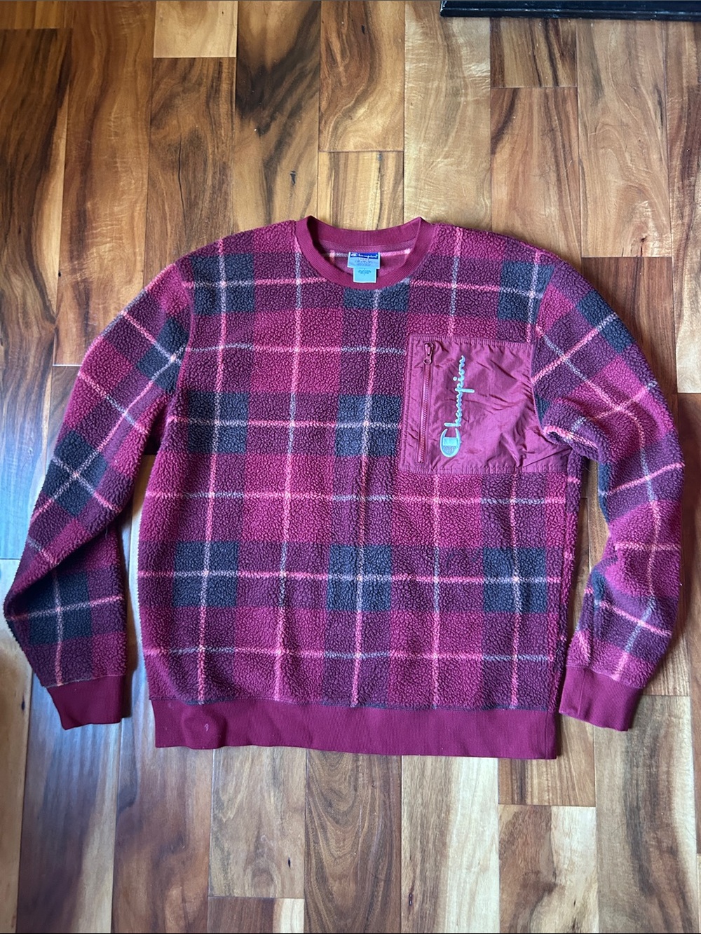 Champion Men’s Red Plaid Fleece Crewneck Sweater